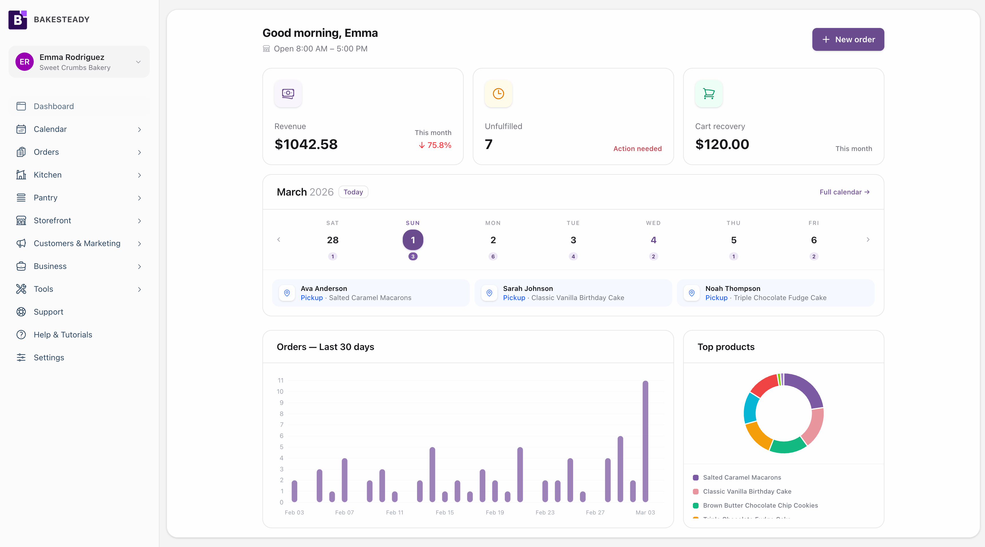 BakeSteady bakery management dashboard showing recipe costs and order overview