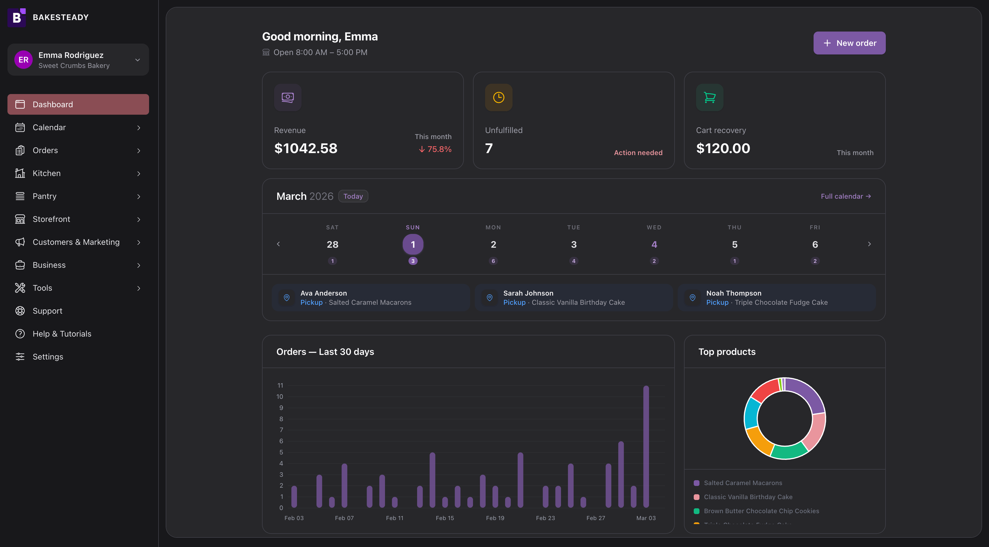 BakeSteady bakery management dashboard showing recipe costs and order overview