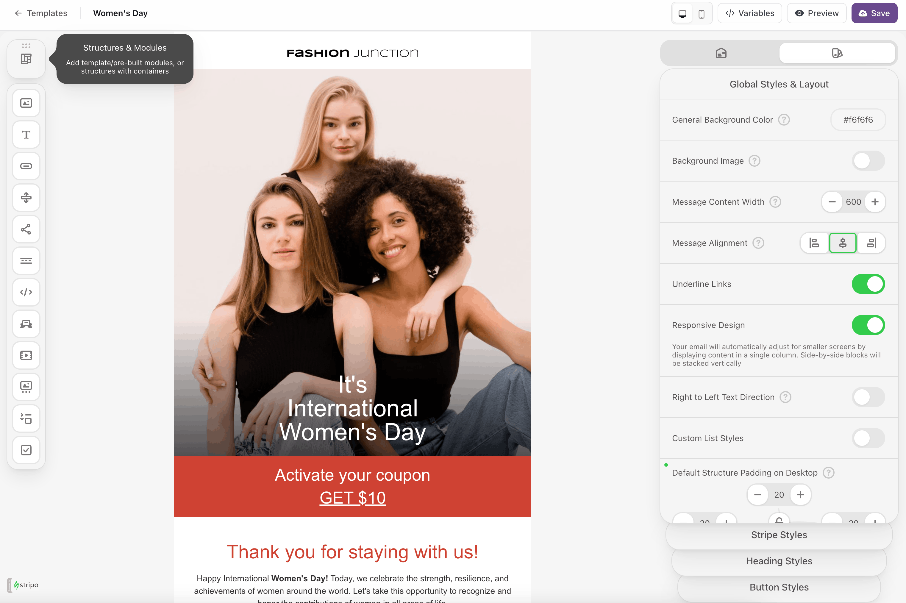 Drag-and-drop email template editor with live preview and global style controls