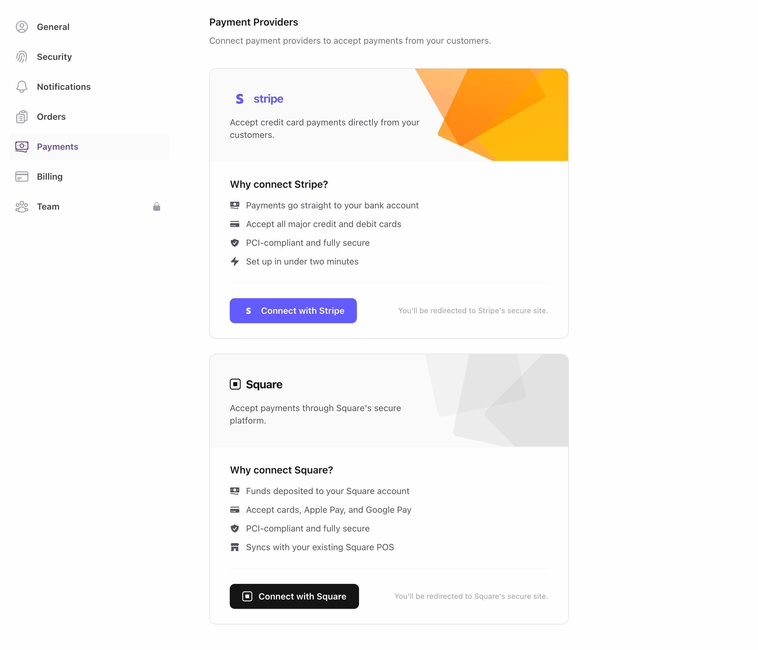 Payment provider setup page with Stripe and Square connection options
