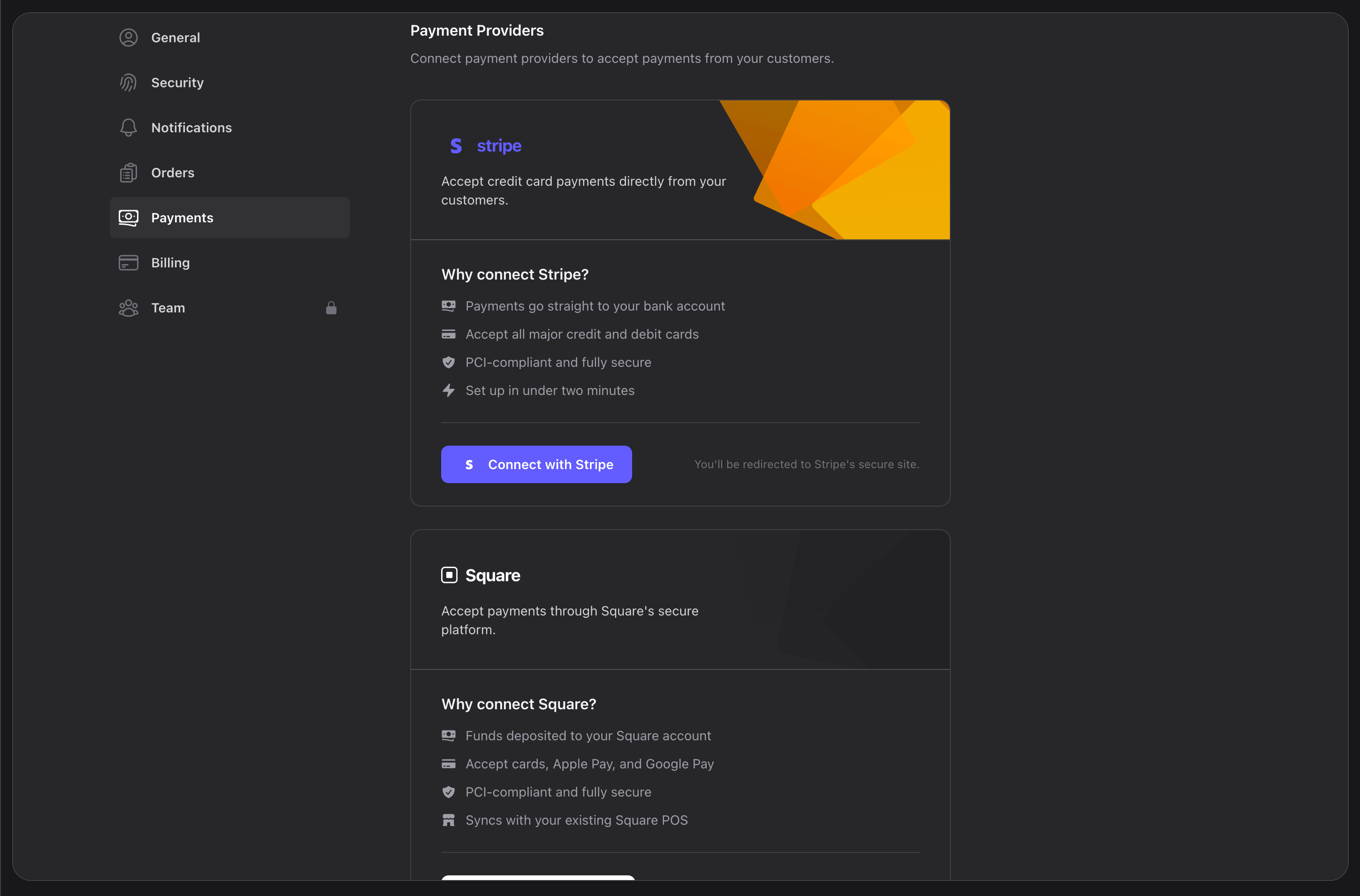 Payment provider setup page with Stripe and Square connection options