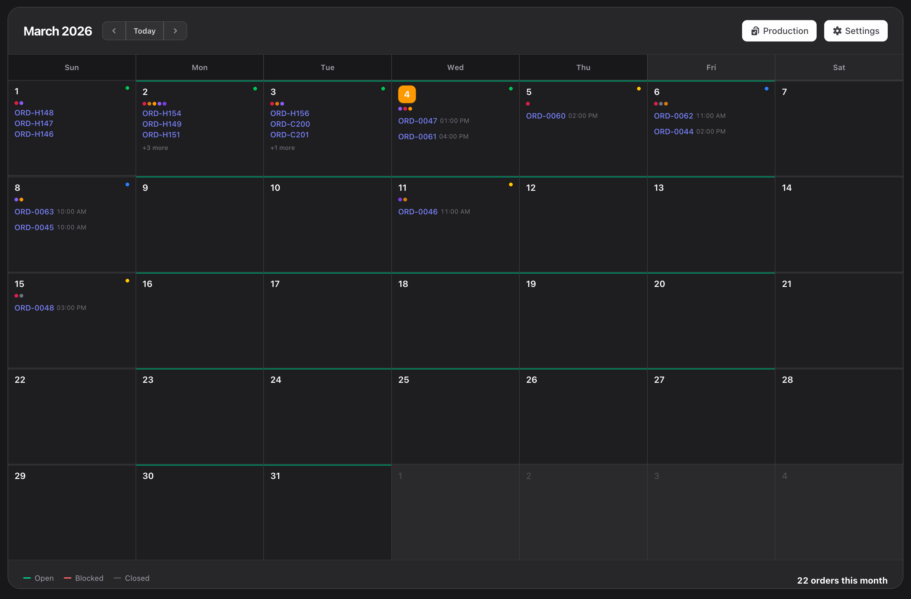 Bakery production calendar showing 22 orders in March with color-coded open, blocked, and closed dates