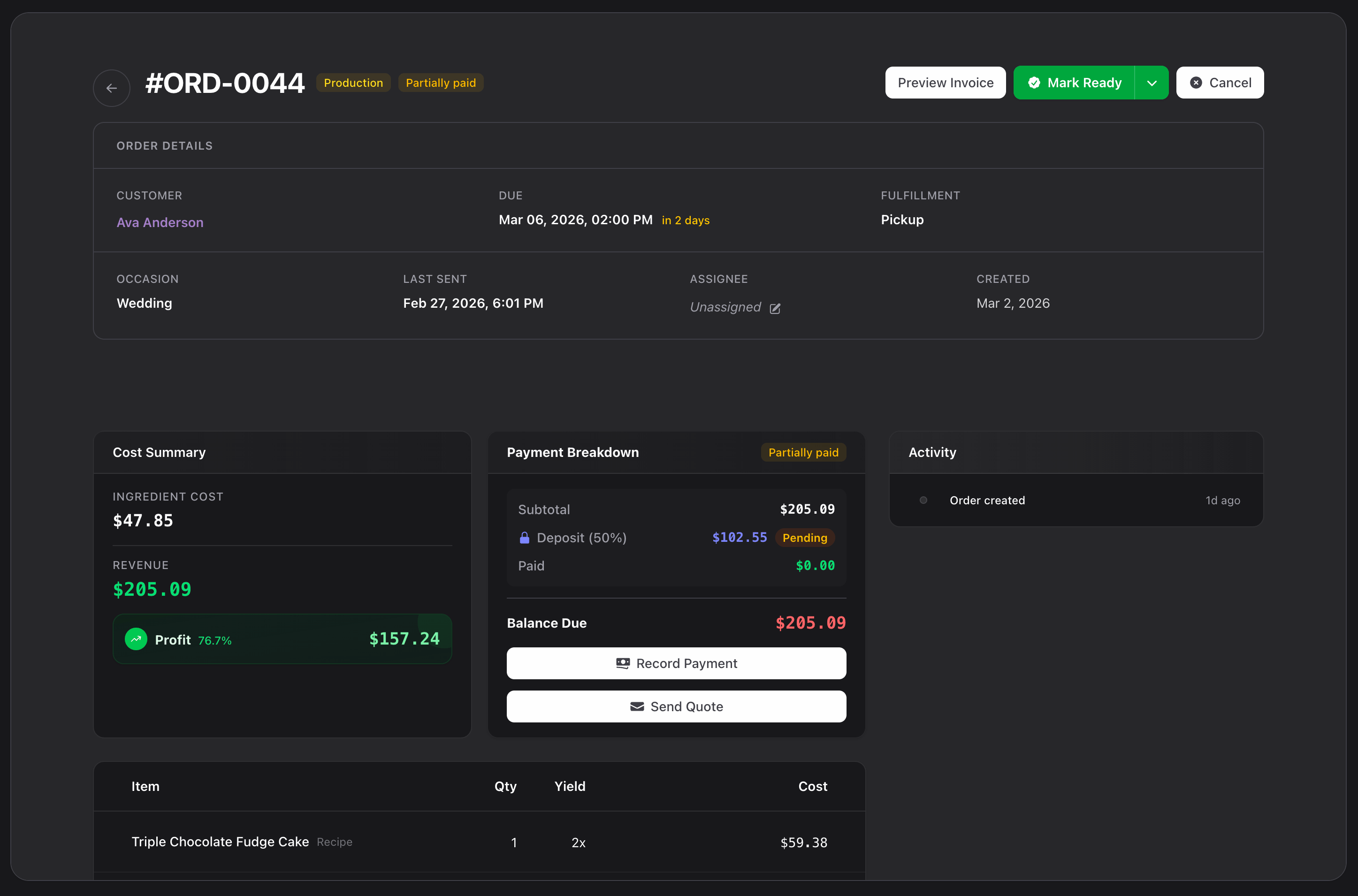 Bakery order detail showing ingredient cost breakdown, 76% profit margin, payment status, and recipe line items