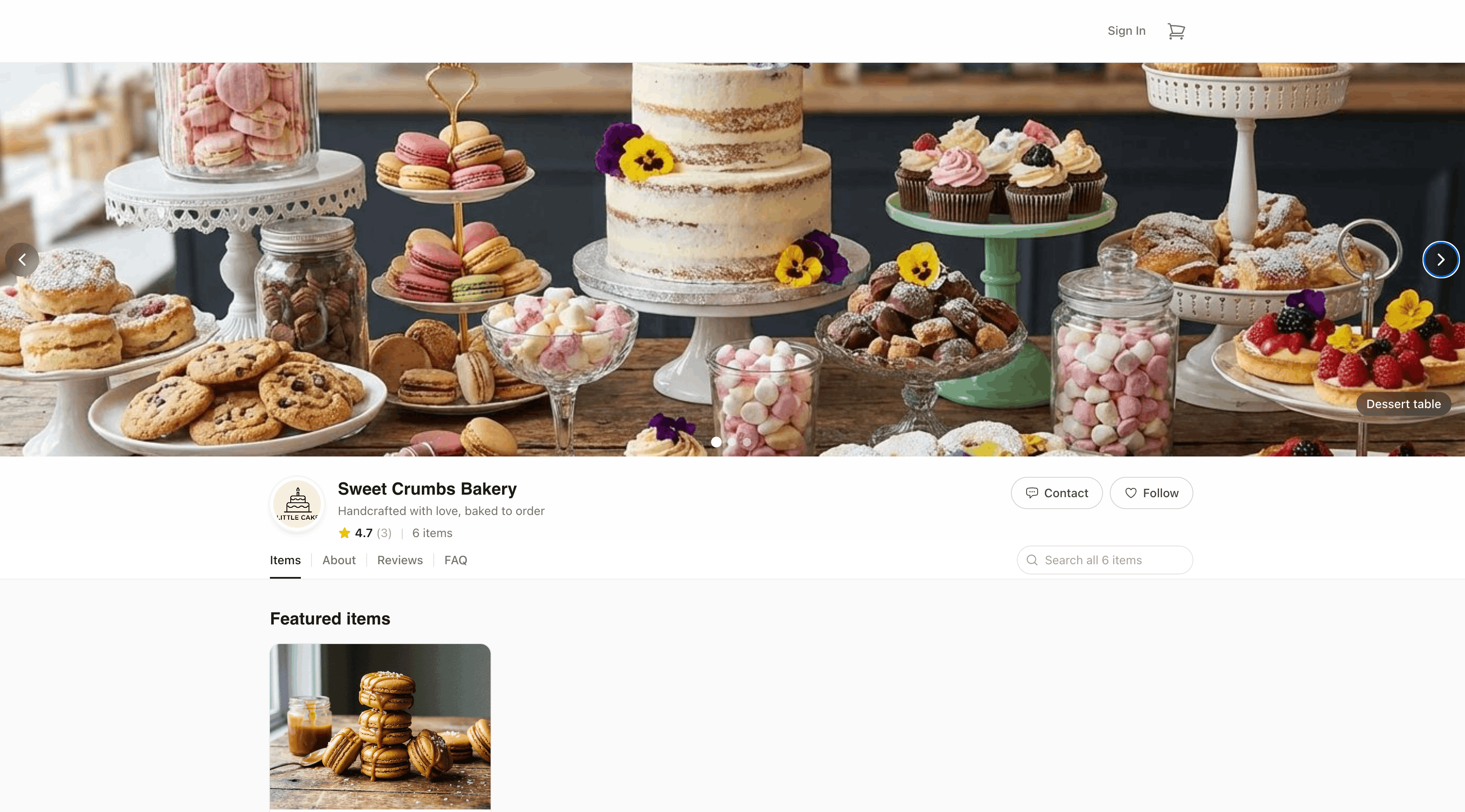Branded online bakery storefront homepage with hero banner and navigation