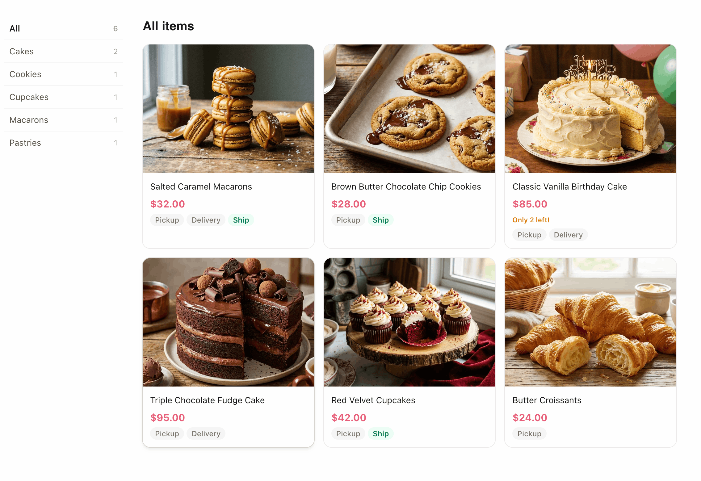 Online bakery store product catalog with items, photos, and pricing